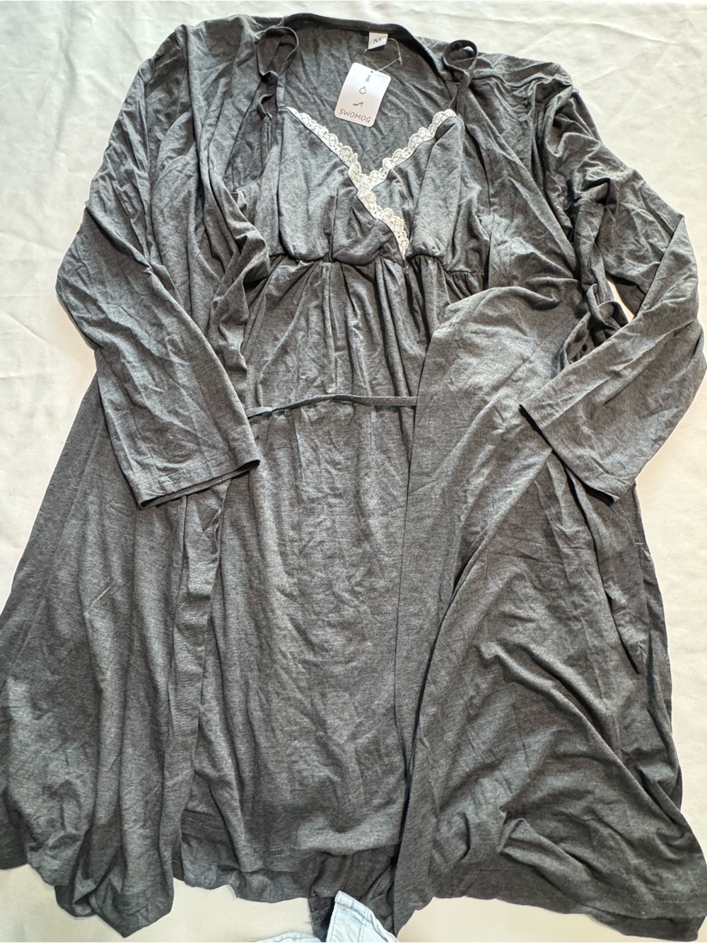 Soft Girl Heather Gray Lace Trim Pajama Robe Set NWT Medium
